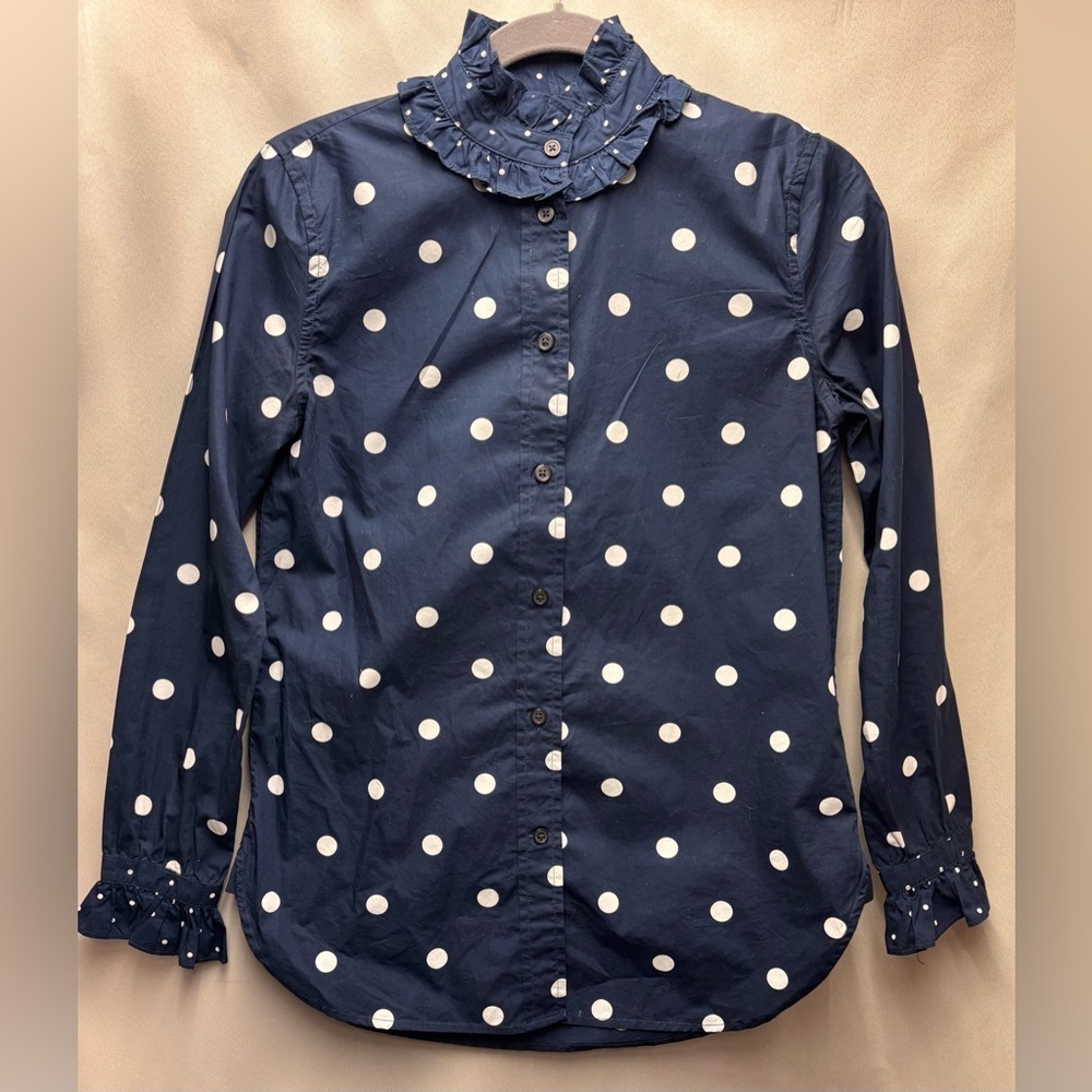 J. Crew Classic-Fit Ruffleneck Button Up Mixed Dots Blue White Polka Dot 00 - Picture 1 of 8